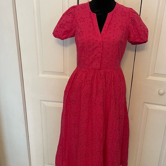 J.Crew Puff Sleeve Eyelet Dress With Side Zipper & Pockets Size 0 - Picture 2 of 5